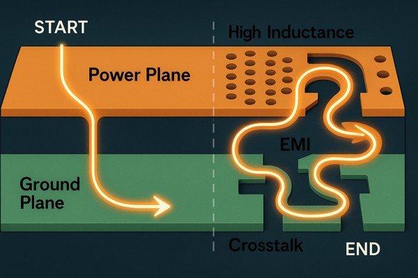 Comparison of Clean and Disrupted Return Paths in PCB Design