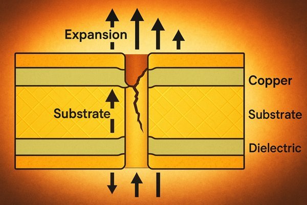 Cracked Via from Thermal Expansion Mismatch in PCB Layers