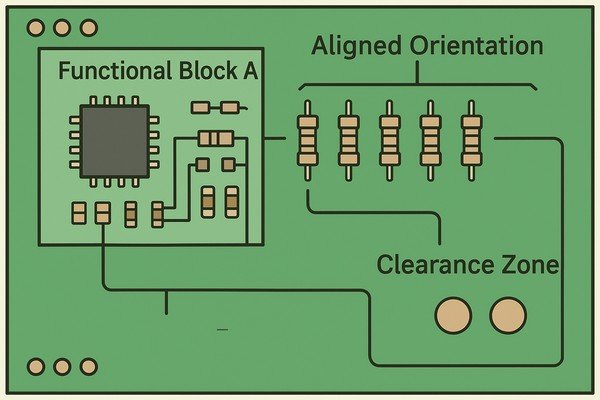 PCB Layout with Functional Grouping and Clearance Highlights
