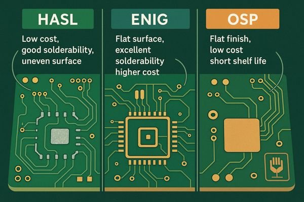 Comparison image of HASL, ENIG, OSP finishes