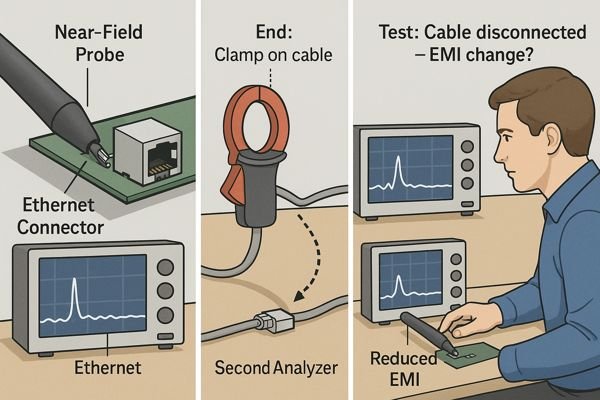 Engineer using a near-field probe to debug an Ethernet port on a PCB