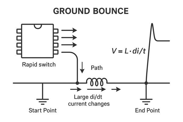 Ground bounce current path voltage spike