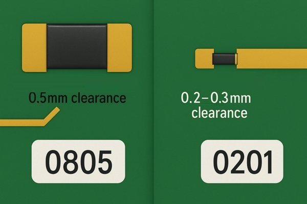 pcb package size spacing comparison 0805 vs 0201