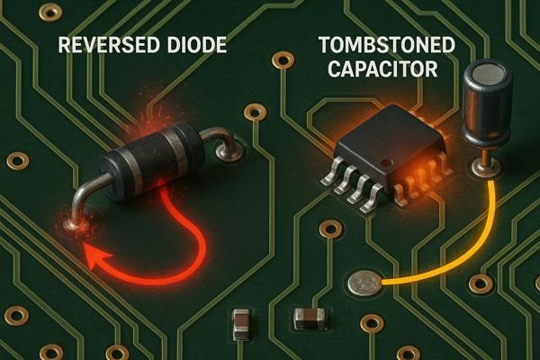 PCB Overheating from Reversed Diode and Tombstoned Capacitor